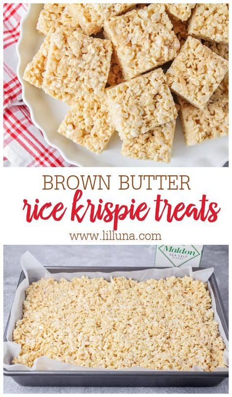 Brown Butter Rice Krispie Treats are an elevated classic filled with nutty butter and topped with sea salt for taste perfection! #brownbutterricekrispietreats #ricekrispietreats #brownbutter #ricekrispie Brown Butter Rice Krispie Treats, Brown Butter Rice, Rice Cereal Treats, Homemade Chocolate Truffles, Dessert Truffles, Peanut Butter Bites, Delicious Brownies, Butter Rice, Browned Butter