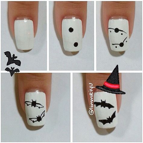 Easy Bat Nails, Nails Design Halloween, Halloween Bat Nails, Bat Nails Art, Scary Nail Art, Halloween Nail Art Tutorial, Diy Nails Easy, Bat Nails, Halloween Nails Diy