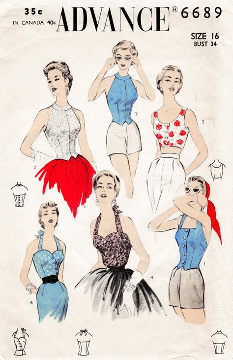 early 1950s; Misses Halter Tops: (View 1) Halter type waistcoat - Low cut back. (View 2 and View 4) Can be made in lace over fabric in self or contrasting color for evening wear - For daytime sports see other Suggested Fabrics. (View 2) High neck, bare shoulders, low back. (View Patron Vintage, Beginner Sewing Projects Easy, Vintage 1950s Dresses, Retro Mode, Costume Intero, Bare Shoulders, Couture Vintage, Halter Tops, Back View