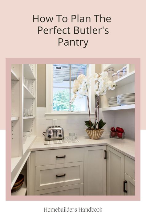 Need inspiration for your butlers pantry? We'll run through what you need to include, how much they cost to build, layout ideas, how much space you need and more! Square Butlers Pantry Layout, Build Your Own Butlers Pantry, Butlers Pantry Entry, Butlers Pantry Ideas Layout Floor Plans, White Butlers Pantry, Kitchen With Butlers Pantry Layout, Scullery Ideas Layout, Butlers Pantry Ideas Layout, Scullery Ideas