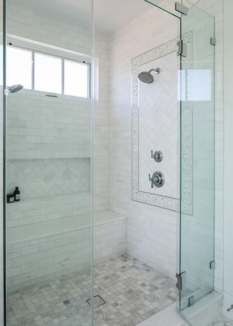 Marble shower completed with marble subway tile wall and a quartz bench accented with a rectangular niche in herringbone pattern tiles. Rectangular Shower Niche, Tile Shower Herringbone, Herringbone Shower Niche, Bathroom White Subway Tile, Subway Tile Wall, Small Restroom, Shower Accent Tile, Marble Herringbone Tile, White Subway Tile Shower