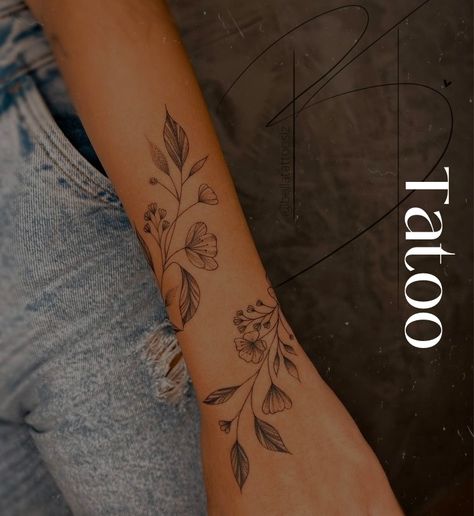 Large Tattoos For Women Arm, Tattoo Ideas Vine Flowers, Marigold Wrap Around Tattoo, Fine Line Wrist Tattoos For Women, Floral Vine Tattoos Sleeve, Wrap Around Flower Tattoo Arm, Floral Wrap Around Tattoo Forearm, Wraparound Tattoo, Flower Forearm Tattoo