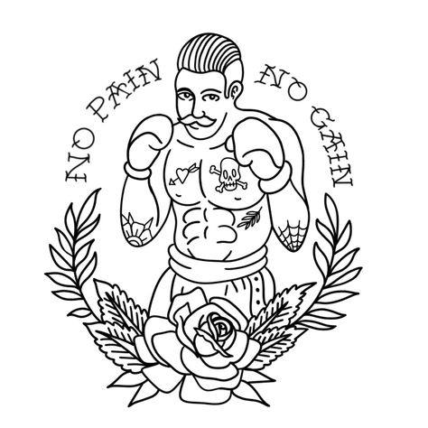 Boxer Outline Tattoo, American Traditional Boxer, Boxing Tattoo Ideas For Men, Traditional Boxer Tattoo, Tato Simple, Popeye Tattoo, Boxer Tattoo, Traditional Style Tattoo, Boxing Posters