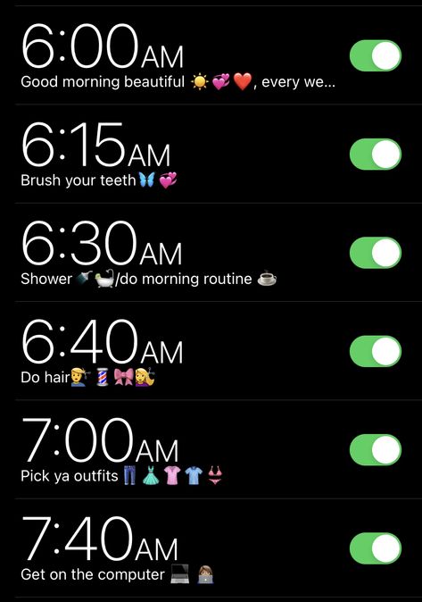 Cute Alarm Names, Alarms Iphone, Iphone Alarm Aesthetic, Online School Routine, Vlogger Aesthetic, Iphone Organisation, Morning Reminder, Alarm App, School Routine For Teens