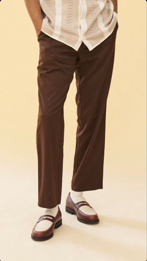 Brown Linen Pants Outfit, Brown Loafers Men, Wide Pants Outfit, Brown Pants Men, Brown Linen Pants, Loafers Men Outfit, Brown Slacks, Fitted Slacks, Linen Pants Outfit