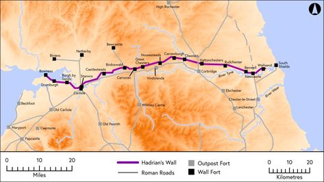 The route of the Wall © Newcastle University - Hadrian’s Wall – following hadrian photography Ancient Britain, Europe History, Emperor Hadrian, Map Of Britain, Hadrian’s Wall, Hadrian's Wall, Latin Text, Roman Army, Newcastle University