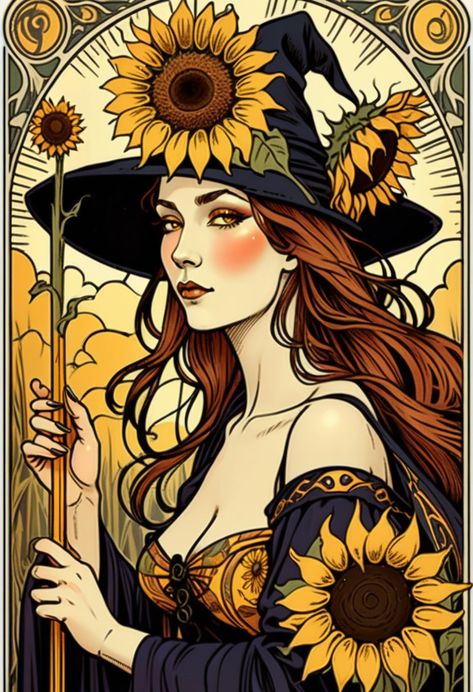 Plant Witch Art, 70s Witch Aesthetic, Sunflower Witch, Queen Of Wands, Vintage Witch Art, Witch Drawing, Sun Illustration, Sunflower Canvas, Vintage Witch