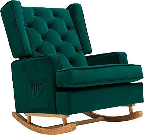 Dolonm Nursery Rocking Chair Upholstered Mid Century Modern Rocker Oversized Wingback Armchair for Living Room with Solid Wood Base (Emerald) Nursery Rocking Chair, Modern Rocker, Modern Rocking Chair, Changing Table Dresser, Rocking Chair Nursery, Baby Changing Tables, Wingback Armchair, Glider Chair, Nursery Crib