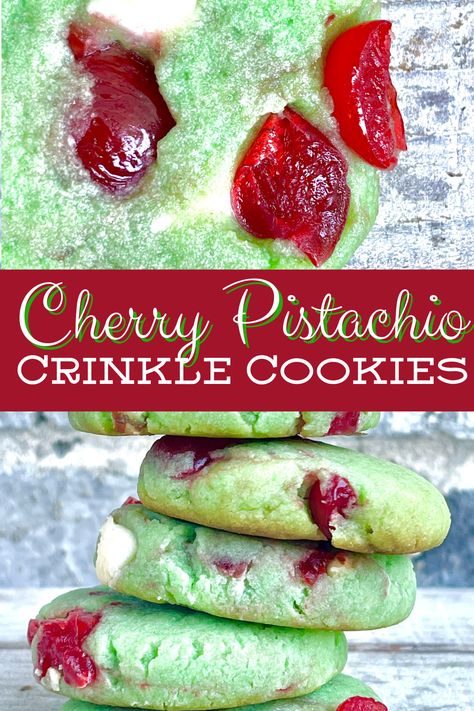 Cherry Pistachio Crinkle Cookies - That's Just Jeni Christmas Crinkle Cookies, Pistachio Pudding Cookies, Cherry Pistachio, Christmas Cookie Recipes Holiday, Crinkle Cookies Recipe, Pistachio Cookies, Cherry Cookies, Pudding Cookies, Favorite Cookie Recipe