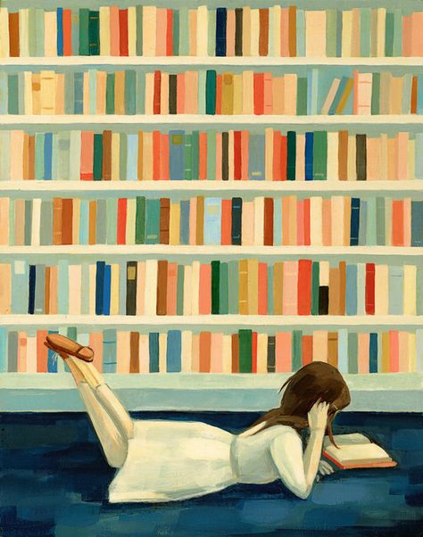 A print for anyone who’s incredibly well-acquainted with the aisles of their local library. Emily Winfield Martin, Library Art, Reading Art, Amazing Paintings, Black Apple, Woman Reading, Reading A Book, Girl Reading, I Love Reading