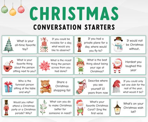 "DIGITAL DOWNLOAD - CHRISTMAS CONVERSATION STARTERS Promote meaningful conversations for the whole family with these Christmas conversation starters, a perfect addition to a family or friends dinner table or get-together. Purchase, print, and play in minutes. It contains a total of 8 pages with 10 cards on each page and short instructions! You can also use these cards to play Conversation Jar or create your own game! ------------------- WHAT YOU GET: - 1 x downloadable PDF 8.5\" x 11\" (US LETTE Christmas Conversation Cards, Christmas Card Games, Xmas Games For Family, Starters Christmas, Christmas Conversation Starters, Christmas Fun Facts, Fun Holiday Games, Friends Dinner, Xmas Games