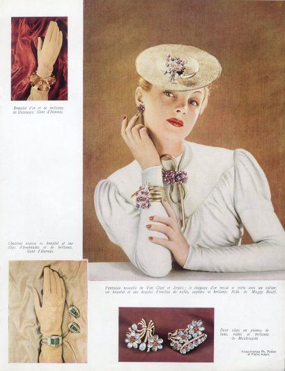 Van Cleef & Arpels (Jewels) 1939 Hermès Gloves, Mauboussin Dusausoy Chaumet Merle Oberon, Jacques Fath, Van Cleef & Arpels, Hermes Jewelry, Book Pieces, Van Cleef And Arpels, Jewelry Ads, Vintage Hermes, Vintage Advertisement