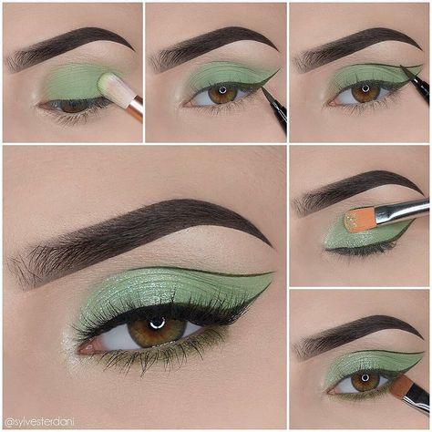 Green Makeup Looks Step By Step, Green Makeup Step By Step, Easy Green Eyeshadow Looks Step By Step, Green Eyeshadow Looks Step By Step, Light Green Eyeshadow, Step By Step Eye Makeup, Fairy Eye Makeup, Eye Makeup Step By Step, Rockabilly Makeup