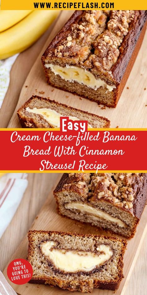 What makes a banana bread recipe truly unforgettable? The creamy surprise of cream cheese filling and a crunchy cinnamon streusel topping! This recipe delivers a delightful twist on a favorite classic. Save it now for your next baking adventure and enjoy the smiles it brings to the table! Cream Cheese And Banana Recipes, Banana Bread Cream Cheese Filling, What To Make With Bananas, Banana Cream Cheese Bread, Cream Cheese Filled Banana Bread, Banana Bread With Cinnamon, Banana Bread Cream Cheese, Banana Cream Cheese Muffins, Streusel Recipe