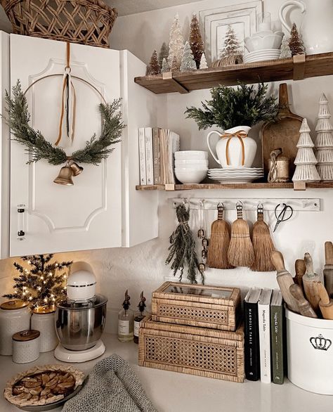 Shanna Walker | Simply Mine Designs (@simplyminedesigns) on Threads Christmas Open Shelving Decor, Christmas Decor Kitchen Shelves, Christmas Open Shelves Kitchen, Christmas Kitchen Shelves Decor, Christmas Kitchen Open Shelves, Christmas Kitchen Shelves, Christmas Romance, House Makeovers, Antique Booth Ideas