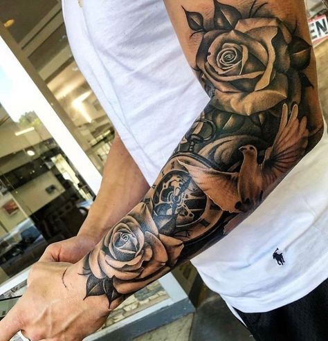 Mangas Tattoo, Cool Half Sleeve Tattoos, Rose Tattoo Sleeve, Rose Tattoos For Men, Forearm Sleeve Tattoos, Cool Forearm Tattoos, Half Sleeve Tattoos For Guys, Cat Tattoos, Tattoos Geometric