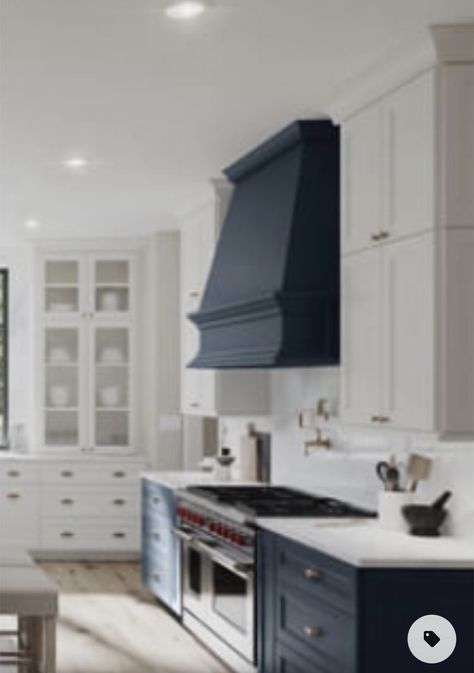 Navy Range Hood, Navy Blue Range Hood, Kitchen Hood High Ceiling, Stove Vent Hood Ideas, Vent Hoods Over Stoves, Vent Hood Ideas, House Expansion, Kitchen Hood Ideas, Dark Blue Kitchens