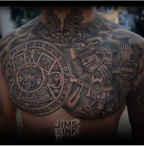 Aztec Calendar Chest Tattoo, Mexican Chest Tattoo For Men, Aztec Chest Piece, Mayan Neck Tattoo, Mexican Chest Tattoo, Mexican Warrior Tattoo, Mexican Tattoo Ideas For Men Aztec, Aztec Chest Tattoo, Aztec Back Tattoo