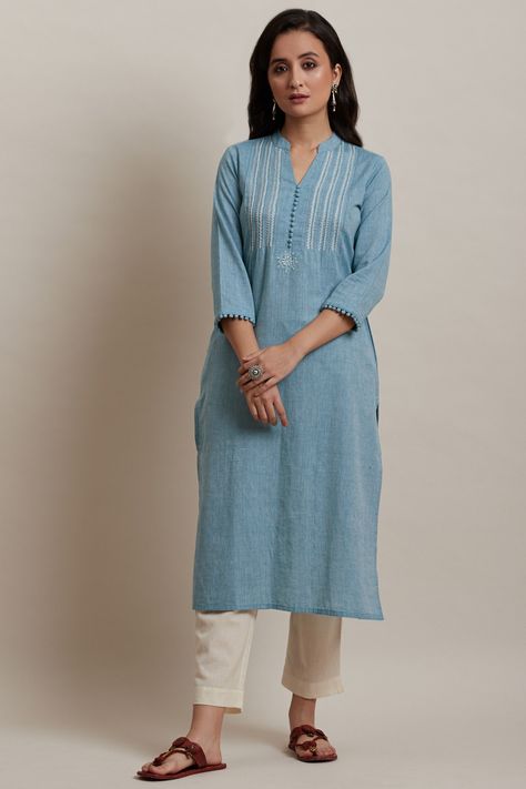 Buy Designer Wear Online Blue Kurta Woman, Sky Blue Kurti, Blue Kurti, Farida Gupta, Silk Kurti Designs, Gents Kurta Design, Kurtas For Women, Gents Kurta, Blue Kurta