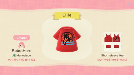 Animal Crossing New Horizons - Ellie's Tee from The Last of Us. Acnh The Last Of Us, The Last Of Us Animal Crossing, Animal Crossing Shirt, Animal Crossing Patterns, Ac Outfits, Tlou Ellie, Acnh Inspiration, Clothes Codes, Acnh Design