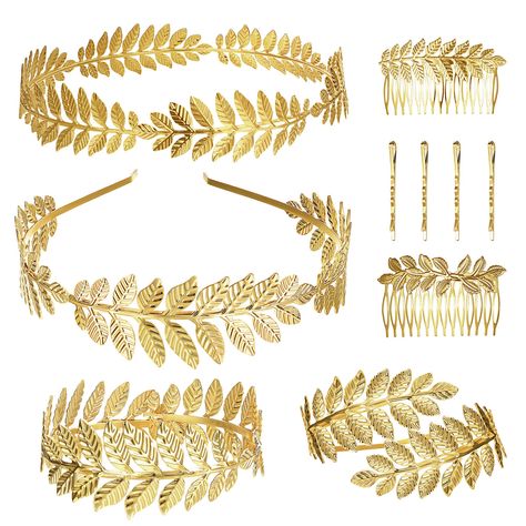 PRICES MAY VARY. VALUED GREEK ROMAN HEADPIECE ARMLET SET：7 pieces ancient vintage greek goddess roman style ccessories in total,including 1pcs golden leaves branchs crown Tiara,1pcs gold leaf headband,2pcs gold leaf hair comb,2pcs golden upper arm cuff armlet,and 4pcs hair clip,it is great for bridal,or as a costume jewelry. HIGH QUALITY MATERIAL:These bridal headbands/arm band bracelet are made of high quality alloy,Exquisite plating and polishing technology make it exceedingly gorgeous and shi Greek Laurel, Arm Band Jewelry, Goddess Headband, Gold Leaf Headband, Ancient Roman Jewelry, Ancient Greek Jewelry, Headpiece Accessories, Laurel Leaf, Gold Hair Accessories