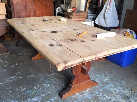 How to Stain a Pine Table Top: Farmhouse Table Progress - General Finishes Water Based Stain, Painted Farmhouse Table, Pine Dining Room, Dining Room Table Makeover, Refinished Table, Rustic Kitchen Tables, Distressed Table, Dining Table Makeover, Kitchen Table Makeover