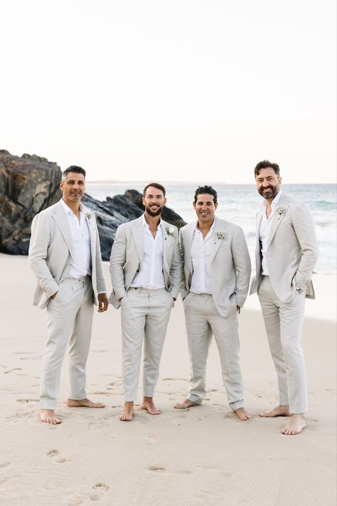 Groom and Groomsmen coastal feels, relaxed vibes, seaside pic. Mexico Wedding Attire, Coastal Wedding Groom Attire, Grey Linen Groomsmen Attire, Linen Groomsmen Attire Beach, Beach Wedding Groom Attire Linen Groomsmen Outfits, Beach Wedding Groom Attire Grey, Grooms Outfit, Mens Tan Suit Beach Wedding, Beach Groomsmen Attire