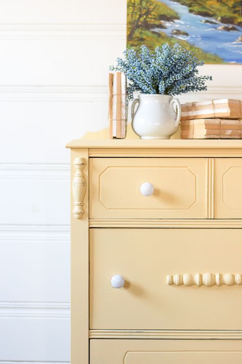 Fusion Mineral Paint Furniture Buttermilk Cream, Yellow Furniture Makeover, Light Yellow Furniture, Yellow Dresser Nursery, Yellow Dresser Bedroom, Yellow Furniture Paint, Fun Furniture Painting Ideas, Yellow Chalk Paint Furniture, Buffet Redo