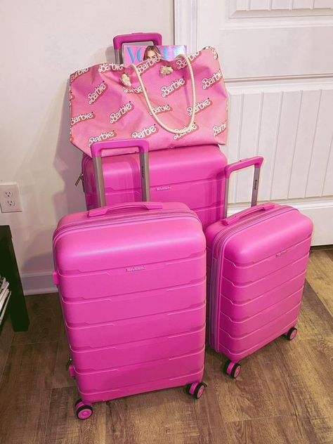 50 Shades of Pink | Obsessed with my new luggage set and weekend bag Hot Pink Luggage, Barbie Luggage, Pink Luggage Sets, Goth Apartment, Pink Obsessed, 50 Shades Of Pink, Pink Luggage, Pink Goth, Cute Luggage