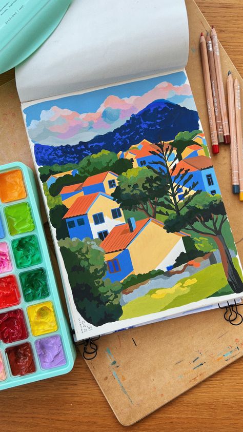 Begginer Gouache Painting, Gouche Illustration Painting, Gouache Pop Art, Miya Himi Gouache Painting, Himi Gouache Art Simple, Gouache Art Ideas, Gouache Sketchbook Ideas, Gouache Cityscape, Gouche Illustration