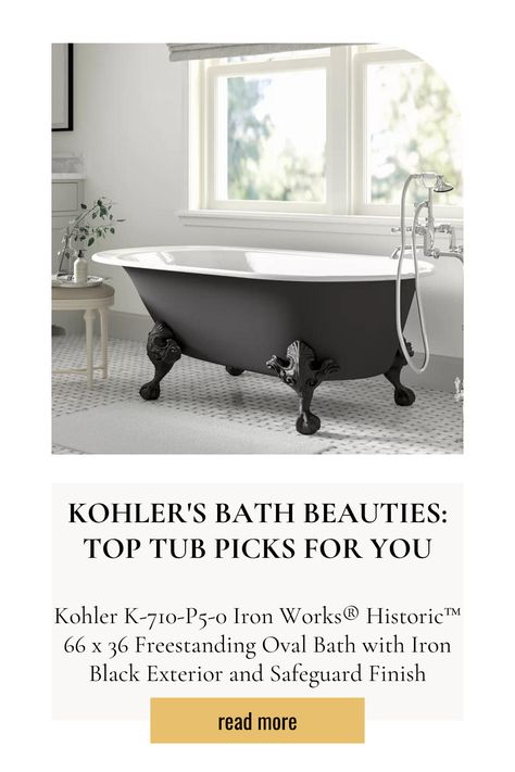 Explore the pinnacle of bathing elegance with Kohler's top-rated bathtubs, expertly crafted for style and relaxation. #KohlerBathtubs #wayfairfinds #walmartfinds Kohler K-710-P5-0 Iron Works® Historic™ 66 x 36 Freestanding Oval Bath with Iron Black Exterior and Safeguard Finish Black Claw Foot Tub, Black Clawfoot Tub, Clawfoot Tub Bathroom, Oval Bath, Kohler Artifacts, Black Tub, Loft Inspiration, Cast Iron Tub, Walmart Finds