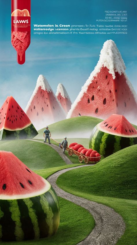 Road Creative Ads, Sliced Watermelon, Wine Advertising, Wood Carrier, Watermelon Ice Cream, Surreal World, Beverage Poster, Food Photoshoot, Adobe Illustrator Graphic Design