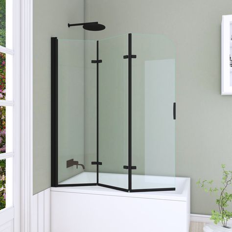 Hypertaire 51" W x 59"H Folding Tub Door Bathtub Screen with Clear Glass & Reviews | Wayfair Folding Shower Door Over Bath, Deep Shower Tub, Bathtub With Shower Screen, Glass Enclosed Bathtub, Tiny Tub Shower Combo, Tub Glass Door Ideas, Tub With Shower Curtain, Tub Shower Combo With Glass Doors, Guest Bathroom With Tub