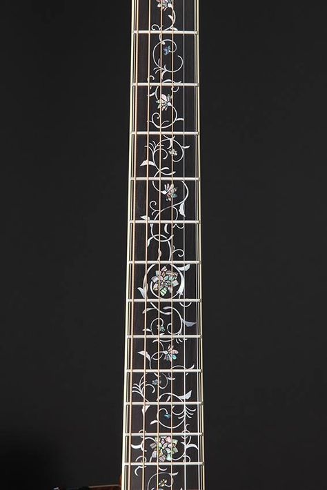 Fretboard Tattoo, Guitar Fretboard Design, Fretboard Design, Bass Guitar Art, Fret Markers, Custom Acoustic Guitars, Instrument Craft, Guitar Artwork, Guitar Inlay