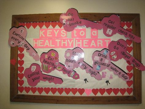 mental health bulletin board ideas | Keys to a Healthy Heart Image Health Bulletin Board Ideas, Bulletin Board Valentines, Valentines Day Decorations For Office, Mental Health Bulletin Board Ideas, Mental Health Bulletin Board, School Cafeteria Decorations, Cafeteria Bulletin Boards, Nutrition Bulletin Boards, Pe Bulletin Boards