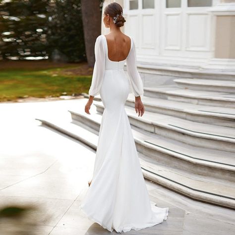 Long Sleeves Square Neck Open Back Sheath Chiffon Wedding Dress Romantic Wedding Dresses BlissGown Wedding Dresses Long Sleeves, Dresses Long Sleeves, Beach Wedding Gown, Milla Nova, Amazing Dresses, Bridal Jumpsuit, Chiffon Wedding Dress, Mermaid Wedding Dresses, Womens Prom Dresses