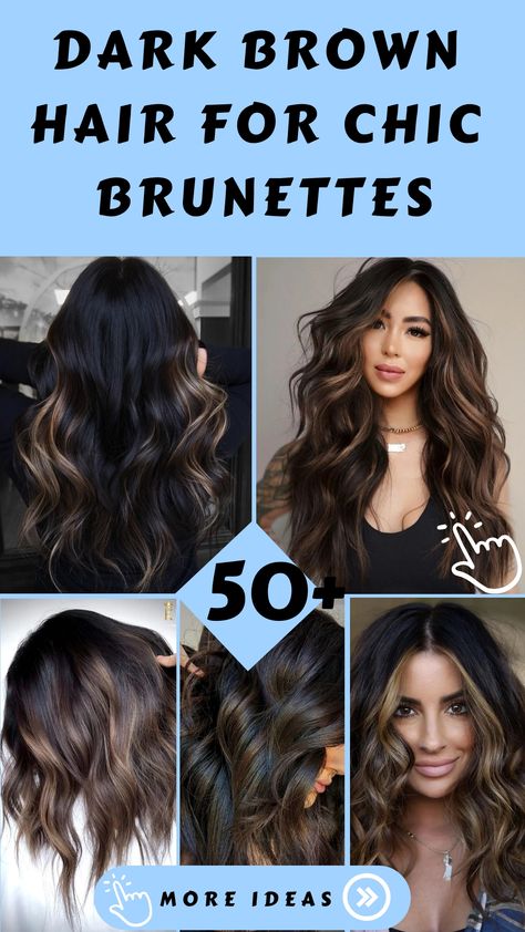 If you're a brunette looking to switch up your hair color, dark brown is the perfect choice for a chic and sophisticated look. With a wide range of shades and Dark Hair Color For Brunettes, Dark Espresso Hair Color With Highlights, Deep Brunette Hair Color With Highlights, Dark Hair With Ombre Highlights, Deep Chocolate Brown Hair With Dimension, Brunette Lowlights Dark, Dark Brown Hair With Caramel Lowlights, Hair Color Ideas For Dark Brown Hair, Dark Brown Fall Hair