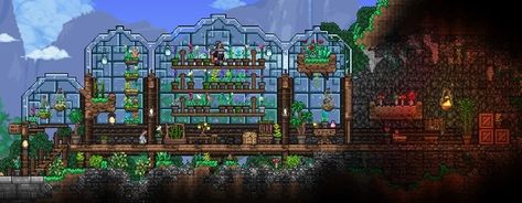 Terraria Medieval House Ideas, Demolitionist House Terraria, Terraria Cottagecore, Terraria Jungle Base, Terraria Jungle House Ideas, Terraria Greenhouse, Terraria Castle, Terraria Base, Mascot Workwear