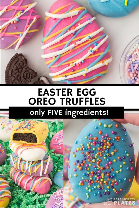 Easter Egg Oreo Truffles are no-bake, made with just five ingredients, fun for kids to decorate, and the perfect addition to an Easter sweets table. | www.persnicketyplates.com Easter Egg Truffles, Easter Oreo, Springtime Desserts, Easter Oreos, Random Desserts, Persnickety Plates, Easter Sweet Treats, Easter Deserts, Easter Fun Food