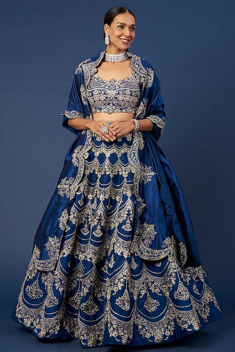 Cobalt Blue Embroidered Lehenga Set Design by Jayanti Reddy at Pernia's Pop Up Shop 2022 Embroidered Bridal Lehenga, Jayanti Reddy, Ritu Kumar, Embroidered Lehenga, Indian Fashion Designers, Pernia Pop Up Shop, Silhouette Crafts, Bridal Lehenga, Embroidered Silk