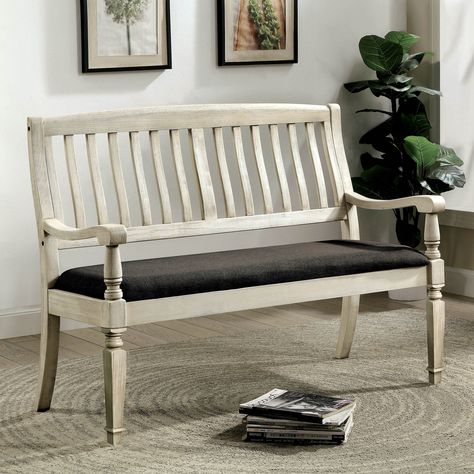 Tyler Rustic Antique White Loveseat Bench by FOA (Antique White), Furniture of America White Loveseat, Grey Loveseat, Bench With Back, Solid Wood Benches, Seat Bench, Grey Pillows, Gray Fabric, Rustic White, Furniture Of America