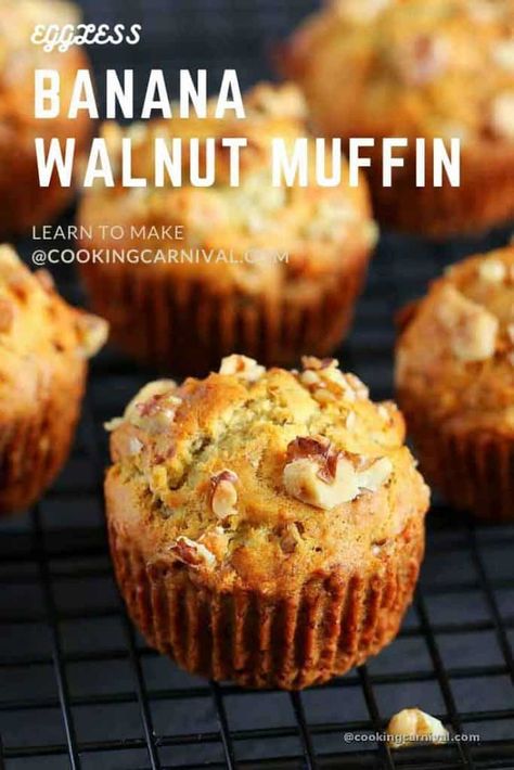 Ripe Banana Vegan Recipes, Eggless Muffins Recipes, Eggless Banana Recipes, Baking Recipes Eggless, Banana And Walnut Muffins, Vegan Muffin Recipe, Eggless Banana Muffins, Banana Bread Muffins Recipe, Vegan Banana Nut Muffins