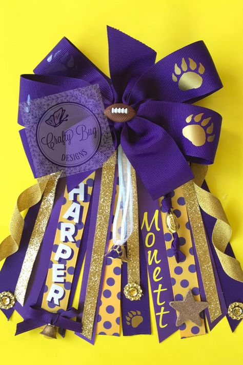 Purple and gold bow Purple And Gold Mums Homecoming, Purple And Gold Homecoming Mums, Mum Making, How To Make Purple, Hoco 2023, Hoco Mums, Purple Mums, Homecoming Corsage, Homecoming Spirit