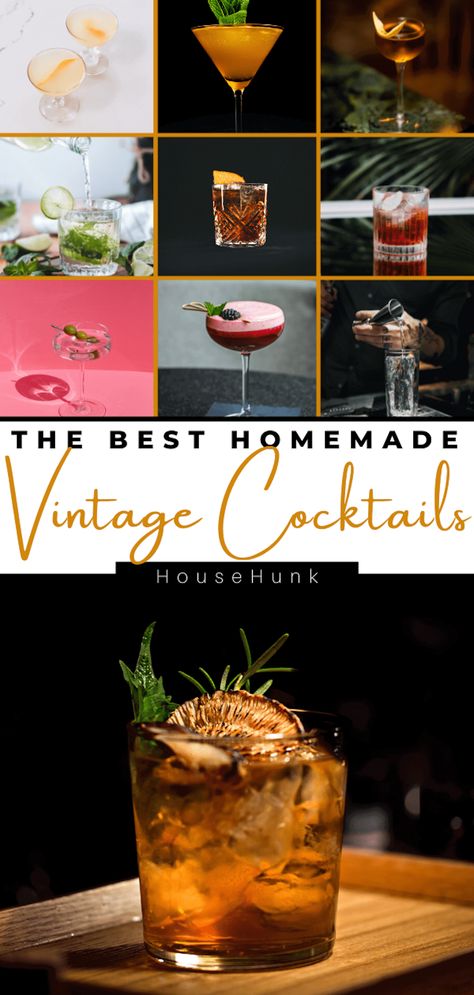 Step back in time with 18 delightful vintage cocktail recipes! From Tom Collins to Vesper, these classic sips are a mixology adventure! Martinez Cocktail, Mocktails Recipes, Classic Manhattan Cocktail, Bees Knees Cocktail, Gimlet Cocktail, Gin Fizz Cocktail, Cocktail Inspiration, Morning Cocktail, Collins Cocktail