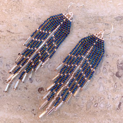 Handmade Boho Chic Beaded Fringe Earrings In Pretty Translucent Navy Blue Shimmer With Silver Accent - Only One Made. So Pretty 4.5” Length From Top Sterling Silver Ear Wire Glass Seed Beads In Translucent Navy, Silver + Longer Silver Bugle Beads Shimmery And Catch Light Perfectly (These Are Also Dallas Cowboys Colors If You Are A Fan :) Contact Seller For Color / Design Options Etsy: Saltybeadssofl Earring Patterns Beaded, Dallas Cowboys Jewelry, Beading Earring, Beaded Feather Earrings, Cowboy Jewelry, Diy Seed Bead Earrings, Wire Ornaments, Beautiful Beaded Jewelry, Earrings Patterns