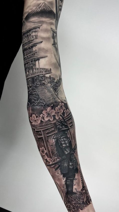 japanese tattoo designs Temple Sleeve Tattoo, Sleeve Addition Tattoo, Japanese Theme Sleeve Tattoo, Samurai Leg Sleeve Tattoo, Samurai And Temple Tattoo, Japanese Sleeve Ideas, Ancient Japanese Tattoo, Japanese Tattoo Realism, Realism Japanese Tattoo Sleeve