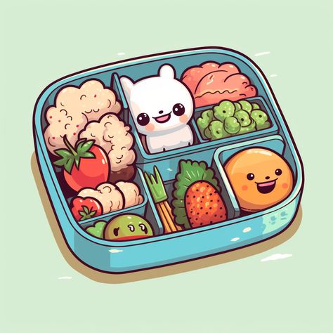 Cute cartoon bento box with colorful side items Bento Box Illustration, Bento Box Drawing, Bento Box Anime, Lunch Box Drawing, Bento Illustration, Aesthetic Reference, Preschool Prep, Kawaii Bento, Box Project