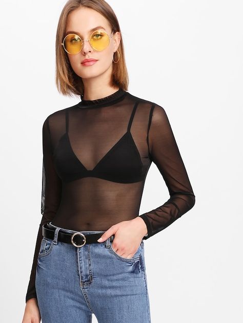 Haut Transparent, Sheer Mesh Top, Mode Grunge, Mesh Tops, Going Out Tops, Mock Neck Top, Mesh Long Sleeve, Sheer Sleeves, Sheer Blouse