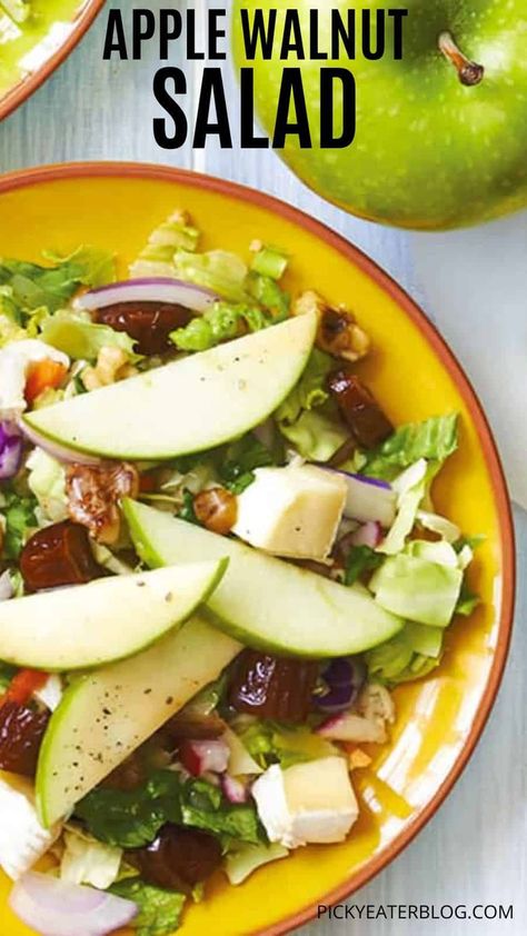 If you love fall flavors, then you will absolutely adore this Apple Walnut Salad with dates and brie. Crispy mixed greens are tossed with tart Granny Smith Apples, creamy brie, crunchy walnuts and a tangy apple cider vinaigrette for the perfect side dish or light lunch! Salad With Dates, Vegetarian Cabbage Soup, Sprouted Wheat Bread, Creamy Brie, Apple Cider Vinaigrette, Salad With Apples, Apple Walnut Salad, Clean Eating Vegetarian Recipes, Cider Vinaigrette