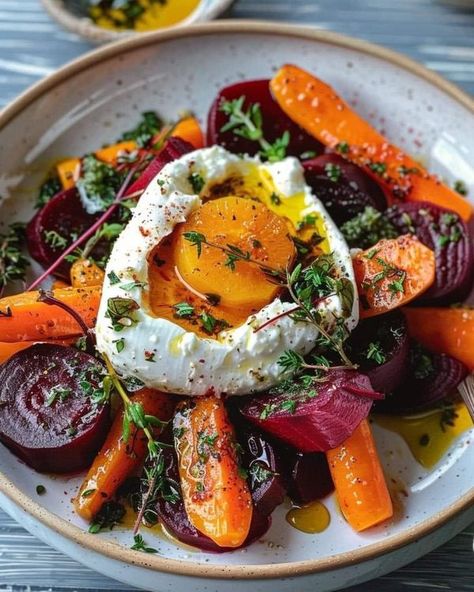 Gordon ramsay | Roasted Beet and Carrot Salad with Creamy Burrata | Facebook Beet And Carrot Salad, Red Beets Salad, Roasted Beets And Carrots, Burrata Salad, Low Histamine Diet, Golden Beets, Burrata Cheese, Beet Recipes, Red Beets